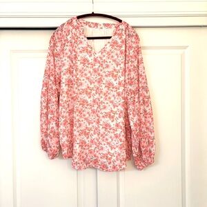 Blouse XL Pink Blue and Brown Floral Print V Neck Long Sleeve